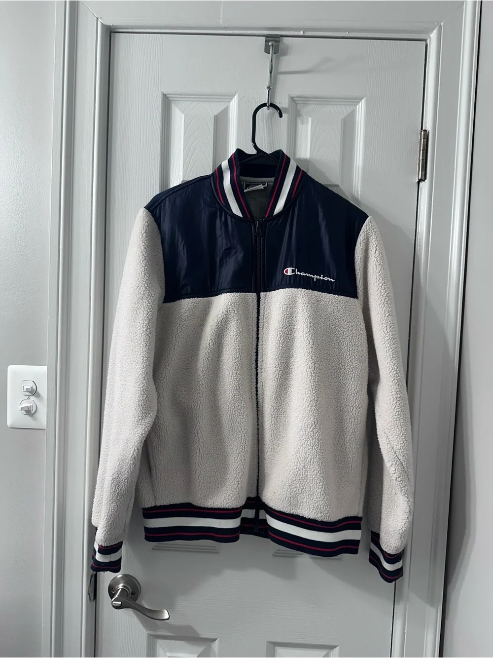 Champion Cream Sherpa Bomber Jacket with Navy Yoke - Picture 3 of 4